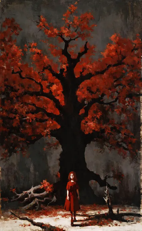masterpiece, best quality, girl standing under the dead tree, black and red palette, eerie