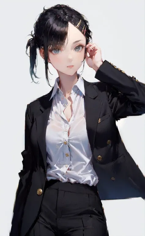 masterpiece, best quality, 1girl, black ponytail, hairclip, blazer, shirt, trousers