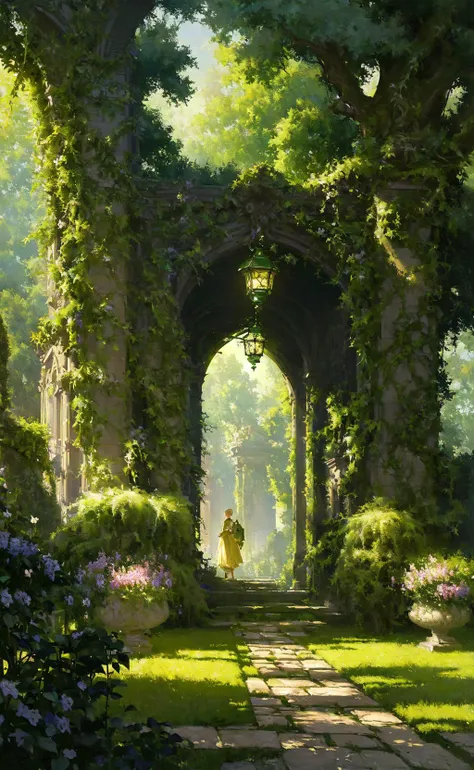 (masterpiece, best quality, highly detailed, intricate), a walkway in a garden with lots of green plants and trees on either side of it and a lantern hanging from the ceiling, Florence Engelbach, tone mapping, a flemish Baroque, german romanticism, cinematic composition, beautiful lighting