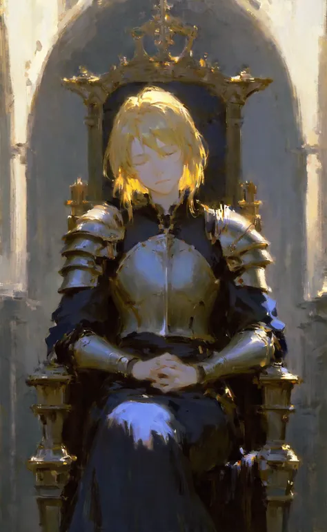 John Singer Sargent, Anders Zorn, masterpiece, best quality, mature, blonde female knight, sitting on a big throne, closed eyes, bloodied, armor, depressed, confident and sad, moody, dimly lit, sombre movie still