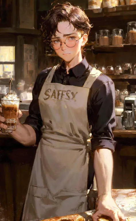 masterpiece, best quality, Dean Cornwell, shy nerdy barista, messy hair, glasses, apron, blush, 0_0, cafe, counter, Los Angeles
