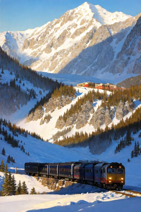 oil painting, a train is traveling through the snowy mountains with a bright light on its head and a mountain behind it, sharp detailing, masterpiece, 8k, HDR, best quality, detailed skin, extremely detailed, detailed shadows, shading, <lora:GoodHands-beta2:1>