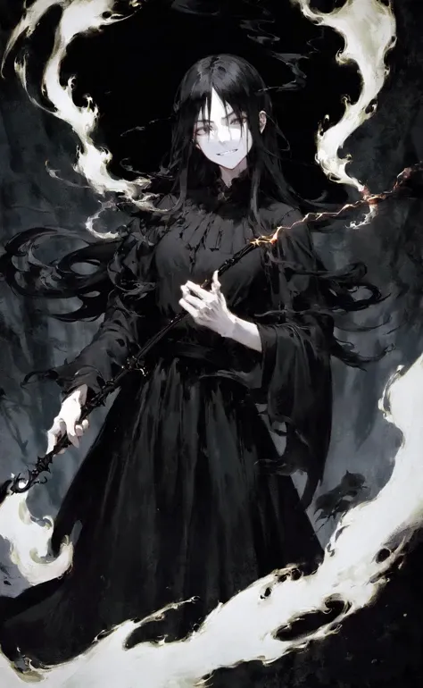 masterpiece, best quality, Black long straight hair, empty eyes, Black eyes, no pupils, evil grin, flowing black dress, magic wand, forest background, dark black smoke aura, battle