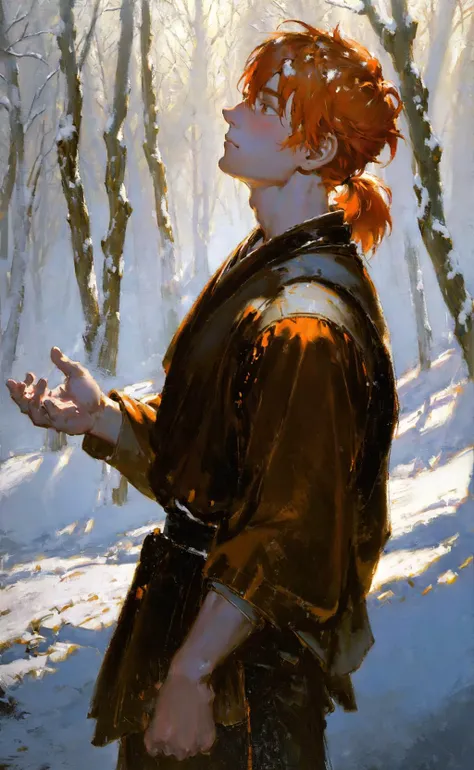 oil painting, Dean Cornwell, masterpiece, best quality, 1boy, samurai relaxing in a forest, short orange hair, ponytail, breath, blush, winter, (snow, snowing:1.1), close-up, dramatic, dappled sunlight, volumetric lighting, rim lighting, cinematic movie still