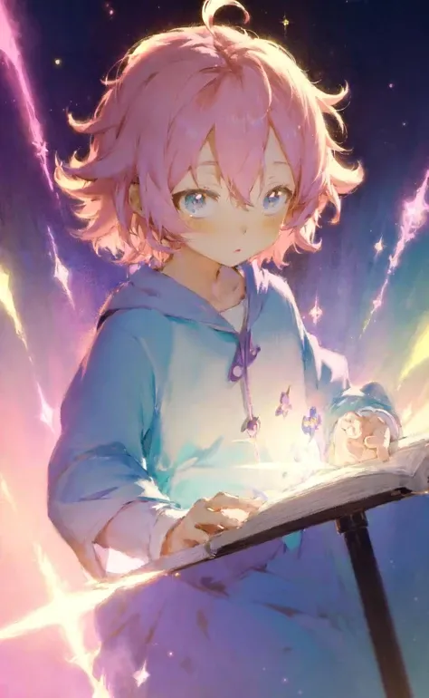 anime screencap, cute chibi wizard studying magic, adorable, spoken ellipsis, pastel colors, fluffy, soft, dynamic, colorful, cinematic, soft lighting, HDR