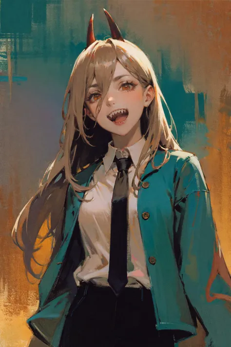 <lora:csm_power:1> power \(csm\),sharp teeth,symbol-shaped pupils,cross-shaped pupils,blue jacket,collared shirt,black necktie,black pants, colorful, darl background,green theme,exposure blend, closeup portrait, bokeh, (hdr:1.4), high contrast, (cinematic, teal and orange:0.85), (muted colors, dim colors, soothing tones:1.3), low saturation,posing,smile,happy,laughing,