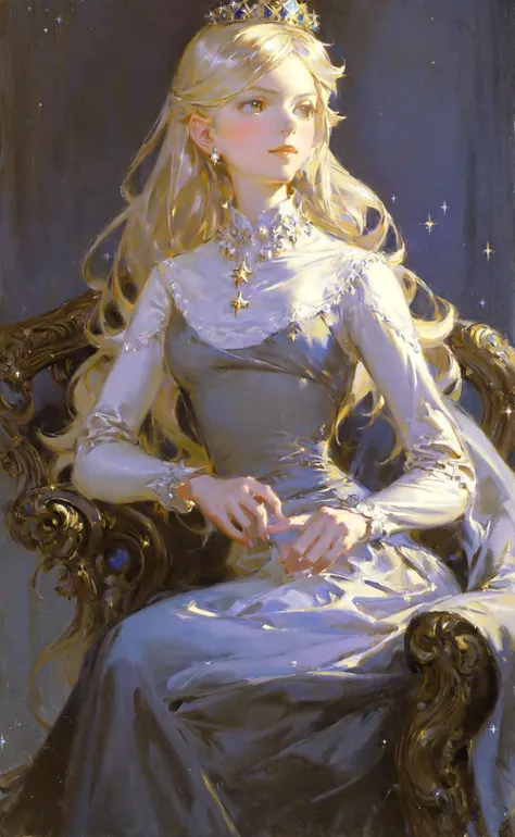 oil painting, John Singer Sargent, realistic, 1girl, (Princess Rosalina:1.2), formal, fancy, royal, elegant, sparkle, sparkling, simple background, HDR