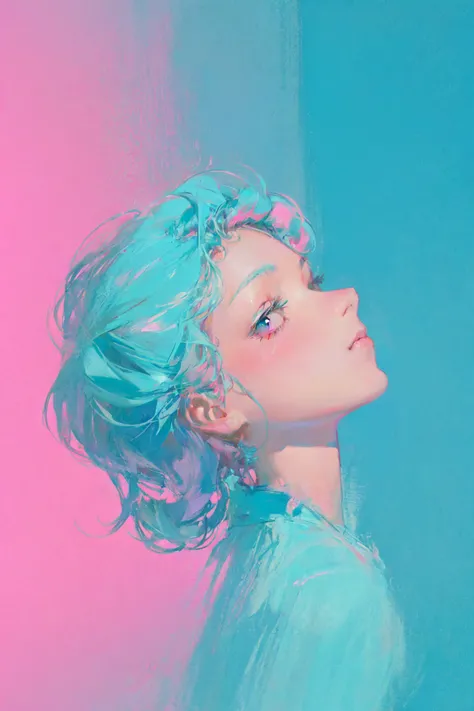 masterpiece, best quality, 1girl, sketch, vaporwave, cozy, pink and cyan, retro, soft,