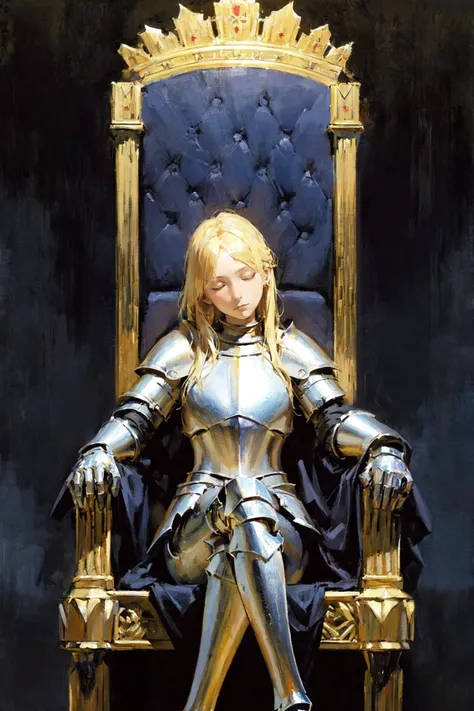 masterpiece, best quality, mature, blonde female knight, sitting on a big throne, closed eyes, bloodied, armor, depressed, confident and sad,