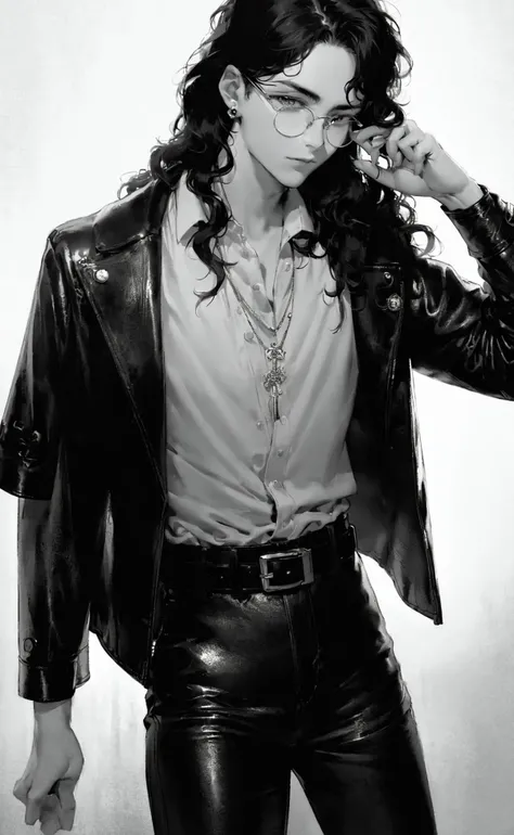black and white fashion photography, fashion editorial photography, boy with long wavy hair, androgynous, shirt, leather pants, glasses, belt, jewelry, simple background, professional photography, soft lighting, grayscale