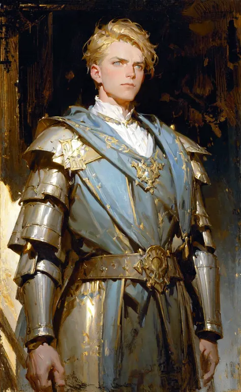John Singer Sargent, oil painting portrait, gouache, thick brushwork, male royal knight paladin, moody lighting, cinematic, mystical, magical, rim lighting, fantasy, sunbeam, soft lighting, sparkle, glittering, sky, cloudy sky
