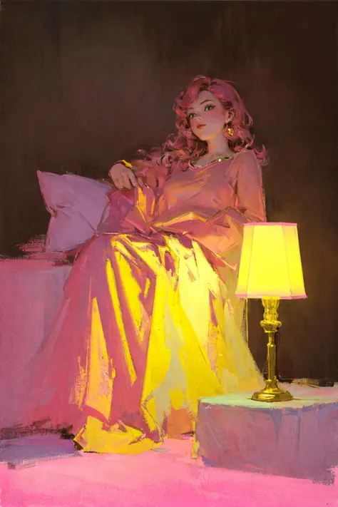 masterpiece, best quality, 1girl, sketch, lamp, vaporwave, cozy, pink and yellow, retro, soft,