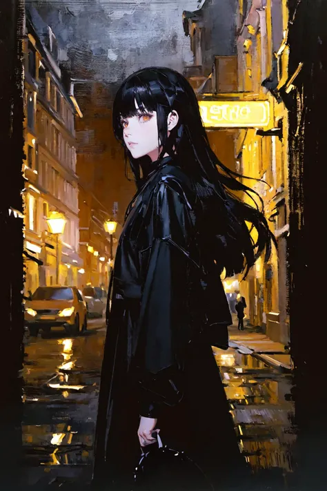 masterpiece, best quality,(oil painting:1.2),
a goth girl walking in a town at night,solo,wave hair,upper body,looking at viewer,
the dim street lights,warrant for arrest on the wall,cowboy shot,
cinematic,depth of field,