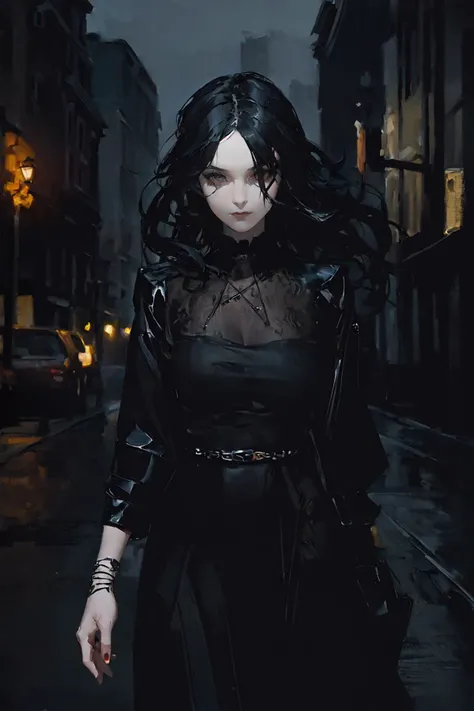 masterpiece, best quality,(oil painting:1.2),
a goth girl walking in a town at night,solo,wave hair,upper body,looking at viewer,
the dim street lights,warrant for arrest on the wall,cowboy shot,
cinematic,depth of field,