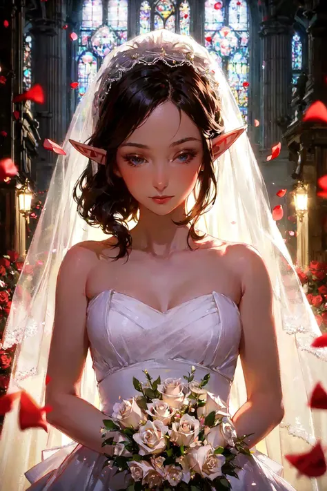 masterpiece,best quality,1girl,elf bride,white flowing bridal dress,(rose petals:1.3),church,sunbeam,volumetric lighting,close-up,<lora:GoodHands-vanilla:1>,