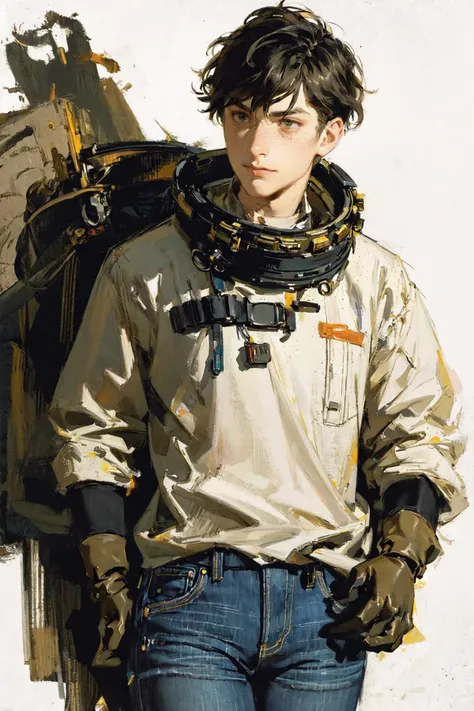 (sketch:1.1), John Singer Sargent, (masterpiece, best quality), 1boy, spacepunk engineer, science fiction, distressed jeans, freckles, gloves, goggles