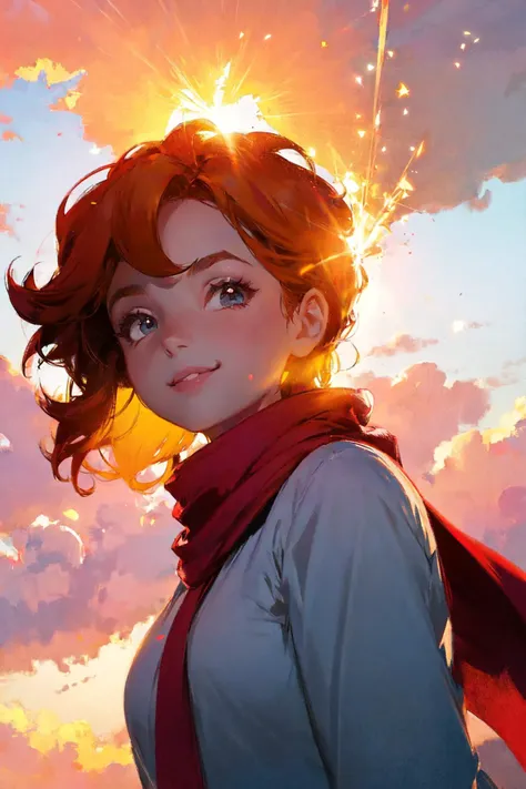 powerpuff girls style, illustration of a girl floating in the sky, scarf, floating hair, close-up, warm soft lighting, sunset, cloud, cloudy sky, (sparks:0.7), (light particles:1.1), volumetric lighting, smug, (smirk:0.9)