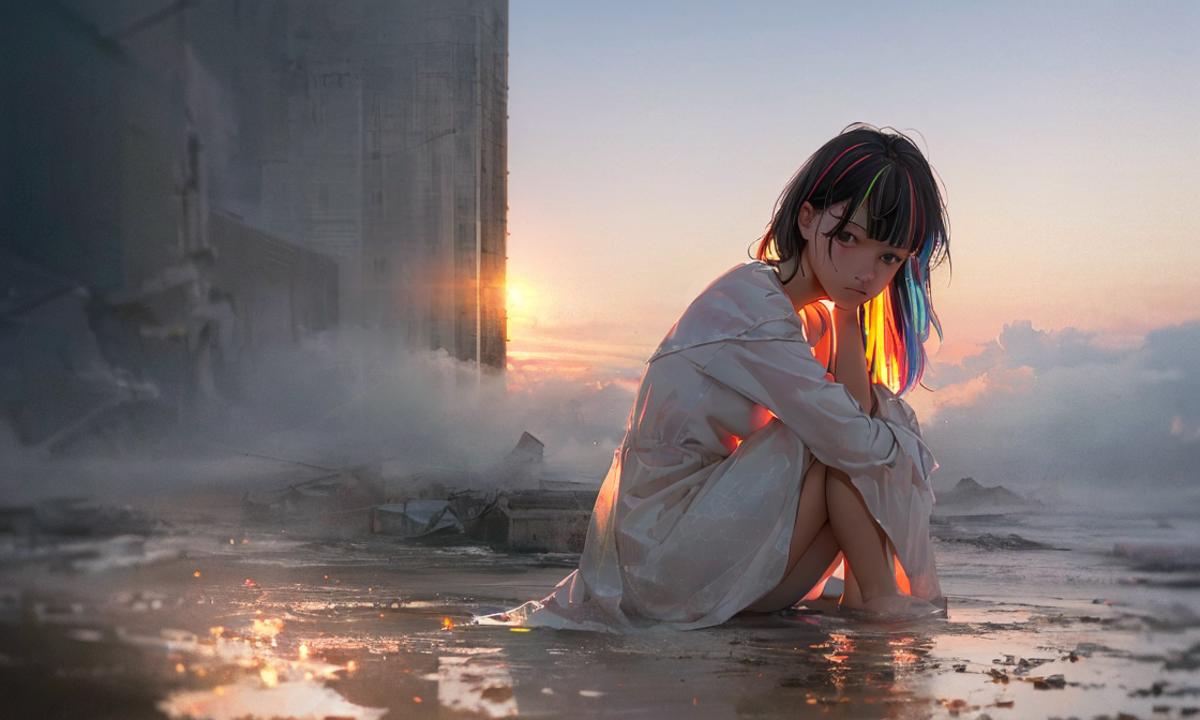 A woman with blue hair sitting on the ground in front of a building ...