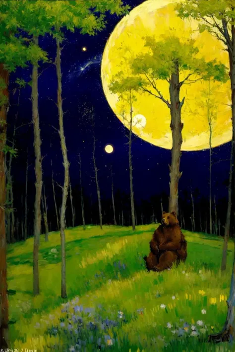 bear,fur, open mouth, sitting, trees,full moon, moonlight, starry sky, shooting star, at night, bush,grass,in forest,
 (foggy forest in background:1.3) BREAK dark theme, <lora:add_sharpness:0.6>, impressionism, fine art,, van gogh style, <lora:colorify:0.4>, <lora:Add_detail:0.5> <lora:epiNoiseoffset_v2:1>, <lora:Painting:1>,, masterpiece,best quality,ultra_detailed,highres,absurdres,8k wallpaper,8K raw photo,dynamic lighting, cinematic lighting, highly detailed, official art,flawless, sharp focus,exquisite details and texturesï¼delicate and beautiful, absurdres, ray tracing,