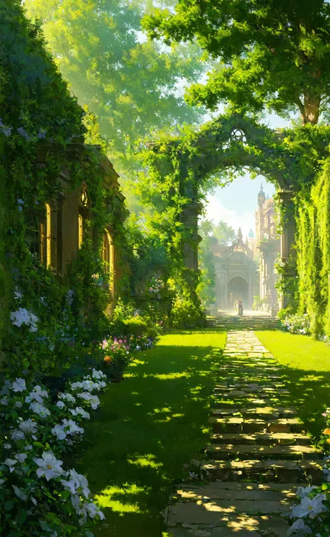 (masterpiece, best quality, highly detailed, intricate), a walkway in a garden with lots of green plants and trees on either side of it and a lantern hanging from the ceiling, Florence Engelbach, tone mapping, a flemish Baroque, german romanticism, cinematic composition, beautiful lighting