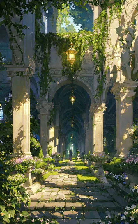 (masterpiece, best quality, highly detailed, intricate), a walkway in a garden with lots of green plants and trees on either side of it and a lantern hanging from the ceiling, Florence Engelbach, tone mapping, a flemish Baroque, german romanticism, cinematic composition, beautiful lighting