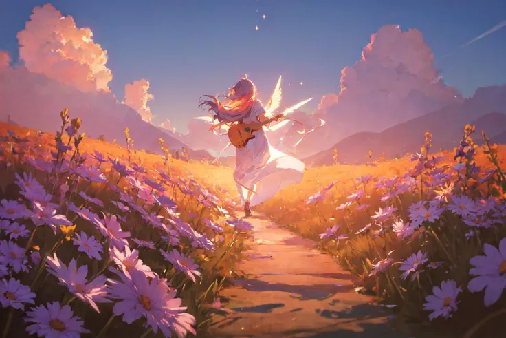 masterpiece, best quality, 1girl, cloud elf queen,solo,guitar on girl's back,
walking through a field of colorful flowers, cinematic, volumetric lighting, sunbeam, soft lighting, mystical, magical, rim lighting, fantasy, sparkle, glittering ,Flutter in the wind
from behind,
