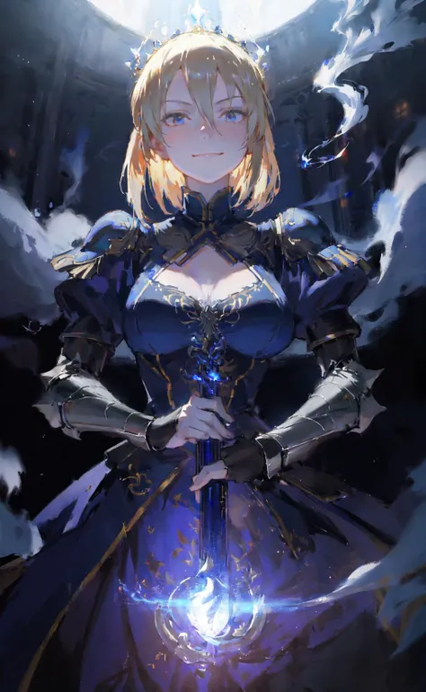 masterpiece, best quality, 1girl, artoria pendragon \(fate\), smug, smirk, dark, moody, swirling smoke, glow, glowing, depth of field, bokeh, cinematic, dynamic, from below