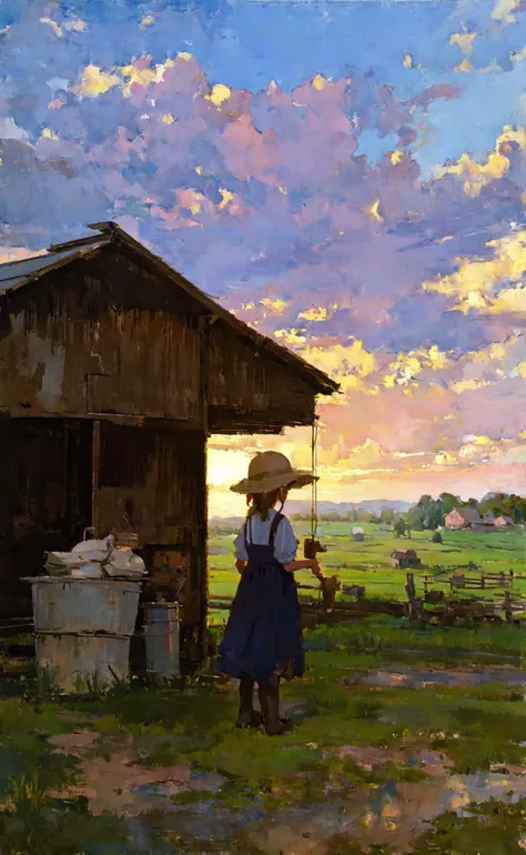 girl working hard at a farm, (painterly, cinematic, atmospheric perspective)