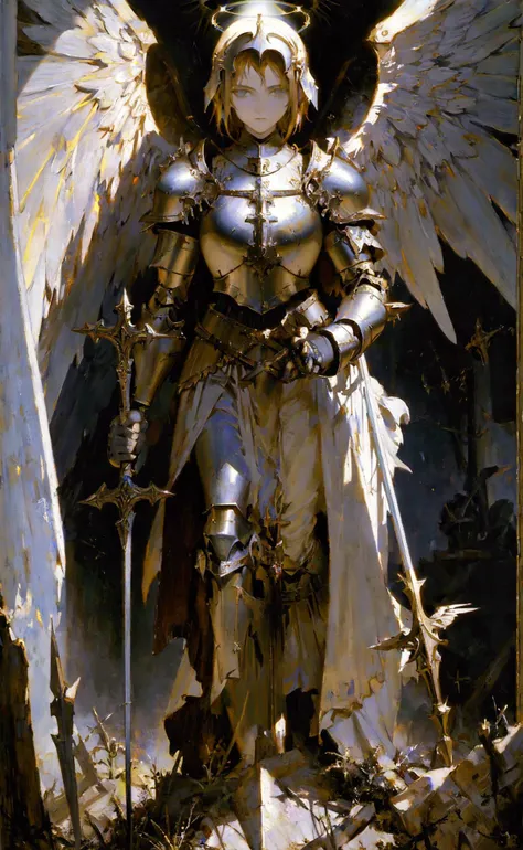 masterpiece, best quality, Joan of Arc, heroic, wings, halo, sunbeam, moody, intense, volumetric lighting, ambient occlusion, style of Gustave Moreau