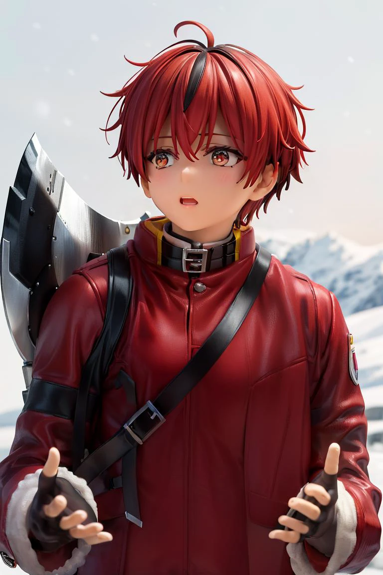 masterpiece, best quality, absurdres,
stunned, carrying axe, carrying weapon, raising hands, (face to camera:1.4),
1boy, solo, (red jacket, red coat:1.3), black shirt, white sash, black pants, bandages, (fingerless gloves:1.2),
outdoors, Alps, snow, heavy snowing, snowflake, nature,
<lora:Stark:1>, StarkFrieren,