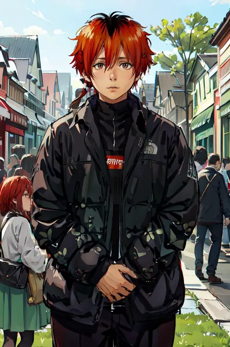 <lora:Stark:1> StarkFrieren,    <lora:concept_dripmeme:0.85> dripjacket, own hands together, sidewalk, grass, sururban, tree,, ultra detailed, masterpiece, best quality,