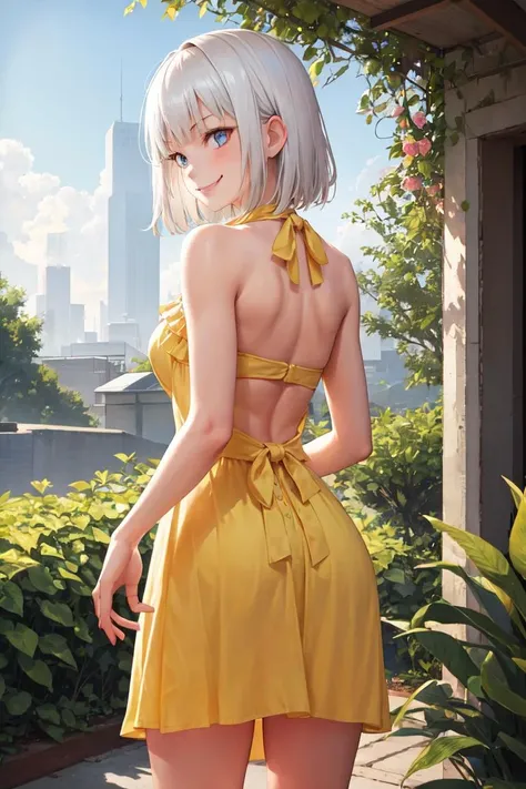 masterpiece, best quality, absurdres, perfect anatomy, 1girl, solo, Gina Boyd, short hair, bangs, from behind, sundress, yellow sundress, garden, day, sunshine, smile, looking back, <lora:GinaBoyd-000006:1>