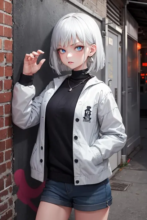 masterpiece, best quality, absurdres, perfect anatomy, 1girl, solo, Gina Boyd, short hair, bangs, earrings, sharp eyes, choker, neon shirt, open jacket, turtleneck sweater, night, against wall, brick wall, graffiti, dim lighting, alley, looking at viewer, <lora:GinaBoyd-000006:1>