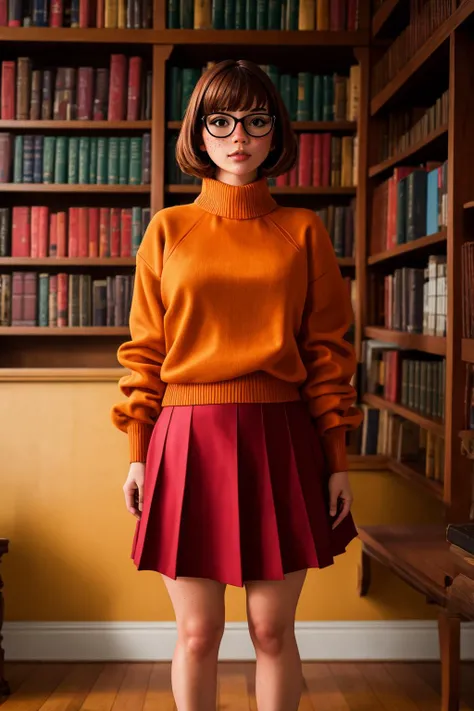 (Photo:1.3), highdetail, 1girl, sfw, <lora:velmadinkley_finetuned:0.6> velmadinkley, tight orange sweater, red skirt, cream skin, full body view, freckles, detailed skin, vintage library with floor-to-ceiling bookshelves, (masterpiece, best quality, detailed:1.3), alluring