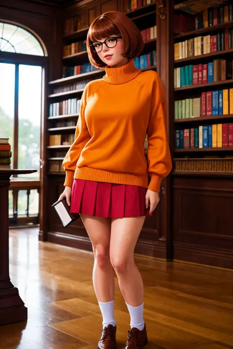 (Photo:1.3), highdetail, 1girl, sfw, <lora:velmadinkley_finetuned:0.6> velmadinkley, tight orange sweater, red skirt, holding a book, cream skin, full front view, full body view, breasts focus, freckles, detailed skin, in early twenties, vintage library with floor-to-ceiling bookshelves, (masterpiece, best quality, detailed:1.3), charming