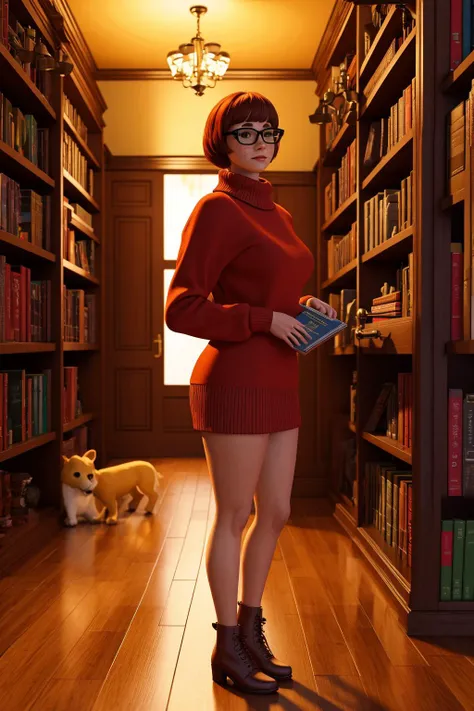 (3D digital painting:1.3), global illumination, subsurface scattering, specular lighting, hdr, 8K, nanite raytraced, 1girl, sfw, <lora:velmadinkley_finetuned:0.6> velmadinkley, tight orange sweater, red skirt, cream skin, full body view, freckles, detailed skin, in early twenties, vintage library with floor-to-ceiling bookshelves, (masterpiece, best quality, detailed:1.3), alluring