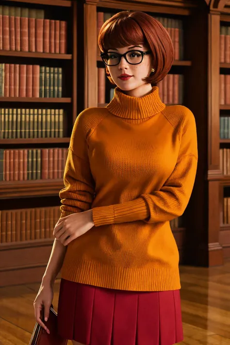 front view, standing, sexy Velma from Scooby Doo with big and square glasses wearing a tight orange turtleneck sweater revealing, naughty, slutty, cleavage, in a haunted house, athletic and fit body, naughty, perfect hands, detailed hands, perfect eyes, detailed eyes, flirty, sexy, naughty, large perky , realistic, HDR, UHD, dynamic, ((showing vagina))