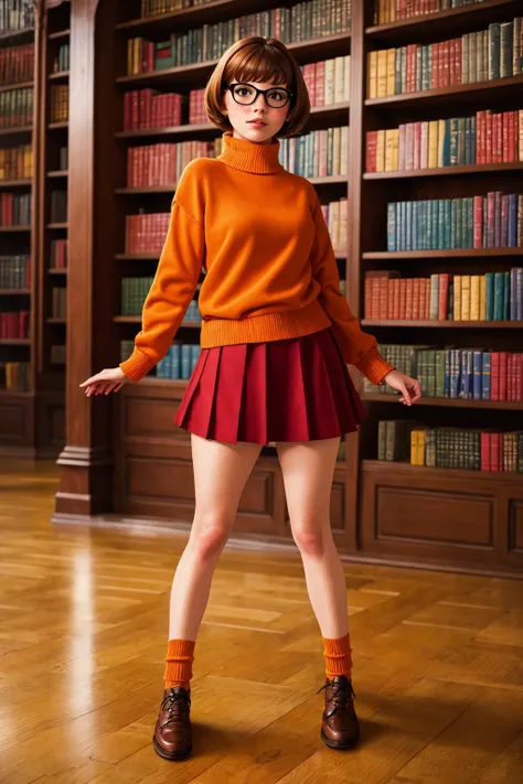 (Photo:1.3), highdetail, 1girl, sfw, <lora:velmadinkley_finetuned:0.6> velmadinkley, tight orange sweater, red skirt, cream skin, full body view, freckles, detailed skin, vintage library with floor-to-ceiling bookshelves, (masterpiece, best quality, detailed:1.3), alluring