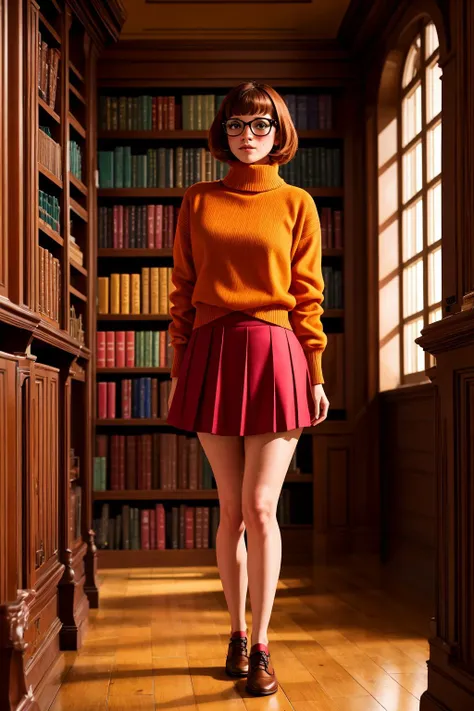 (Photo:1.3), highdetail, 1girl, sfw, <lora:velmadinkley_finetuned:0.6> velmadinkley, tight orange sweater, red skirt, cream skin, full body view, freckles, detailed skin, vintage library with floor-to-ceiling bookshelves, (masterpiece, best quality, detailed:1.3), alluring