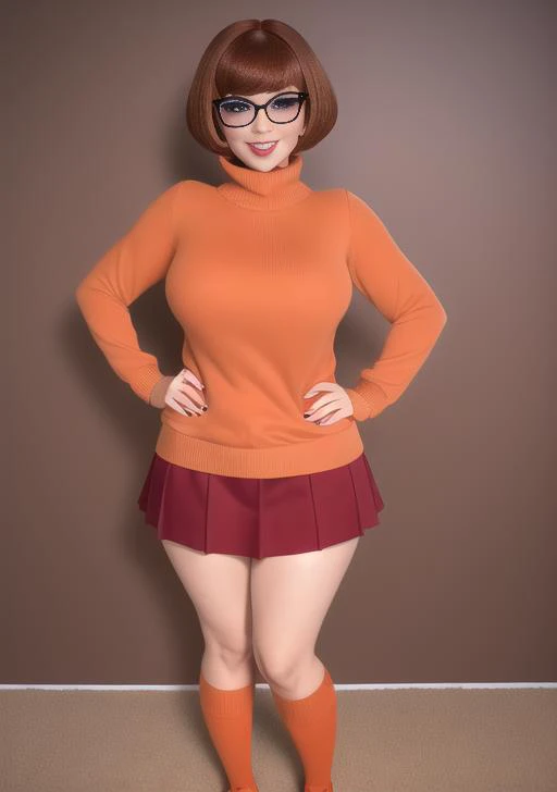 make her have every detail like on cartoon picture, baby face, orange hair,h ighly detailed and intricate, hyper realistic, short dress, thin legs,