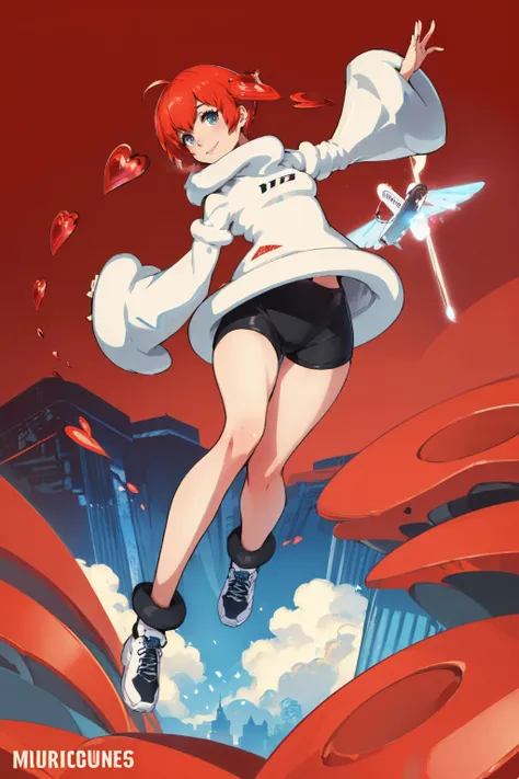 (masterpiece, best quality:1.2), solo, 1girl, p5sophia, smile, looking at viewer, (flying:1.6), detached hair, heart, hoodie, hood, long sleeves, black shorts, simple background <lora:persona5_sophia-11:1>
