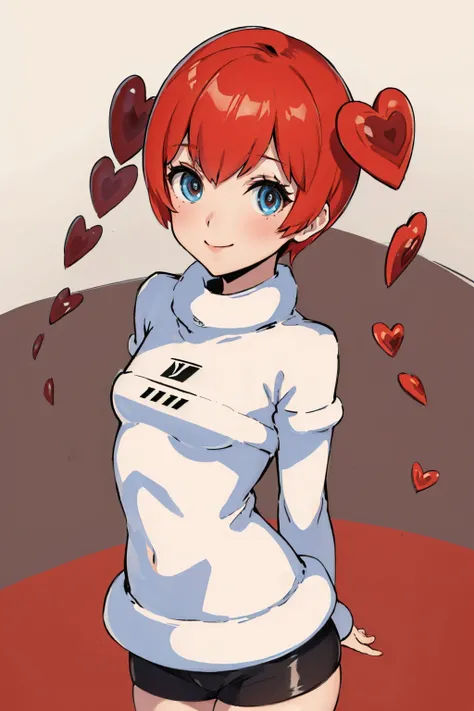 (masterpiece, best quality:1.2), from above, solo, 1girl, p5sophia, smile, looking at viewer, lying, on back, detached hair, heart, long sleeves, black shorts <lora:persona5_sophia-11:1>