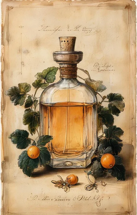 masterpiece,best quality,<lora:tbh191-sdxl:0.9>,illustration,style of Leonardo da Vinci, A bottle of perfume in garden