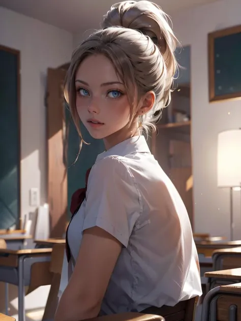 a woman in a school uniform posing for a picture,  ponytail, looking back, 
masterpiece, best quality, intricate details,  <lora:backlight_slider_v10:-1> <lora:contrast_slider_v10:1>  <lora:krystal highres:0.75>