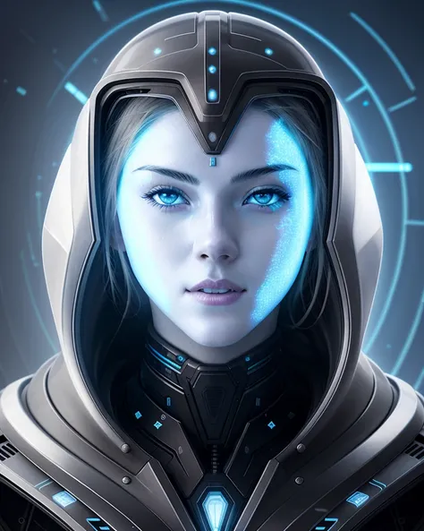 female face, female, Epic space scene featuring the iridescent warrior hooded partially cybernetic entity of future technology, <lora:krystal highres:0.8>, intricate, elegant, highly detailed, digital painting, artstation, concept art, smooth, sharp focus, illustration, art by h r giger and greg rutkowski and alphonse mucha, beautiful dramatic lighting