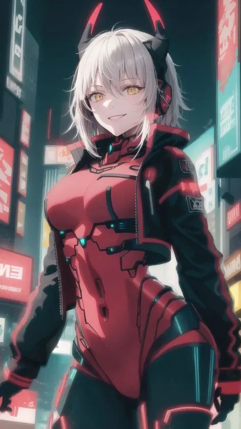 masterpiece,best quality,absurdres,ZentreyaCyborgBase,yellow eyes,short hair,mechanical horns,red bodysuit,black jacket,upper body,smile,<lora:CHAR-ZentreyaCyborg:1>,full body,perfect lighting,city,cyberpunk city,neon lights,