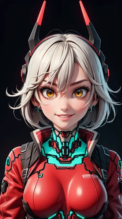 masterpiece,best quality,absurdres,ZentreyaCyborgBase,yellow eyes,short hair,mechanical horns,red bodysuit,black jacket,portrait,upper body,smile,<lora:CHAR-ZentreyaCyborg:1>,