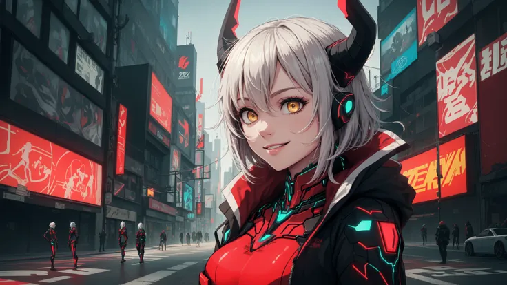 masterpiece,best quality,absurdres,ZentreyaCyborgBase,yellow eyes,short hair,mechanical horns,red bodysuit,black jacket,portrait,upper body,smile,<lora:CHAR-ZentreyaCyborg:1>,cyberpunk city,street,road,buildings,cars,neon,