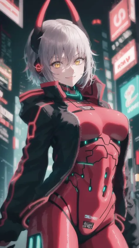 masterpiece,best quality,absurdres,ZentreyaCyborgBase,yellow eyes,short hair,mechanical horns,red bodysuit,black jacket,upper body,smile,<lora:CHAR-ZentreyaCyborg:1>,full body,perfect lighting,city,cyberpunk city,neon lights,