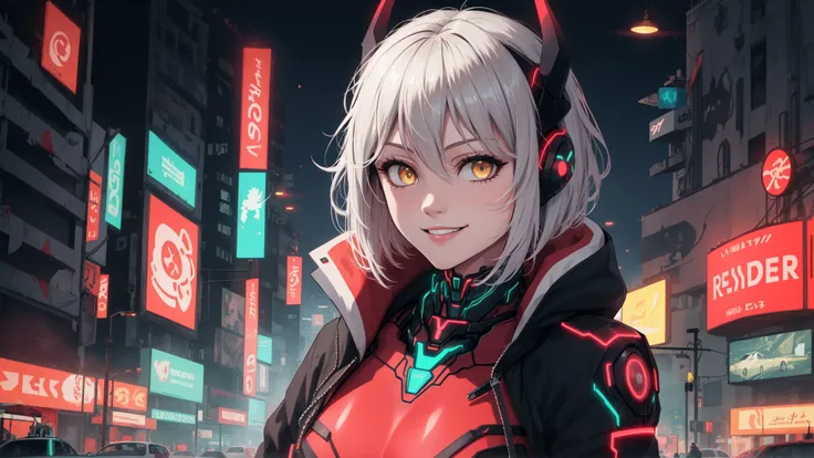 masterpiece,best quality,absurdres,ZentreyaCyborgBase,yellow eyes,short hair,mechanical horns,red bodysuit,black jacket,portrait,upper body,smile,<lora:CHAR-ZentreyaCyborg:1>,cyberpunk city,street,road,buildings,cars,neon,